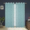 Polyester Floral Print Net Sheer Curtains for Living Room Bedroom, 12 feet Long, Aqua, Set of 2