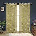 Polyester Floral Print Net Sheer Curtains for Living Room Bedroom, 10 feet Long, Green, Set of 2