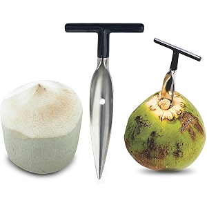 styxon stainless steel coconut opener for fresh green young water - works with peeled thai white coconuts - open in seconds super safe easy and fast