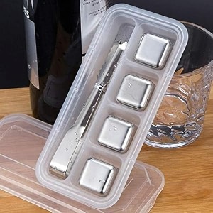 styxon whiskey stones 4 pcs stainless steel ice cubes reusable chilling whiskey rocks for drinks with tongs amp freezer storage tray for whiskey wine beverage gift sets for men set of 4 - silver