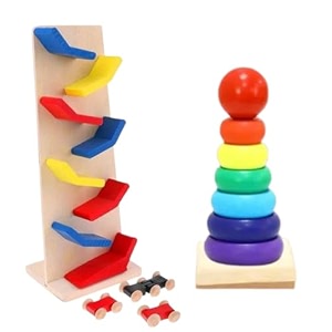 2 in 1 combo set - eco-friendly slippery car track with 3 cars amp colorful ring stacker - creative play multi-color educational playset for toddlers 2 in 1 combo slippery ring stacker