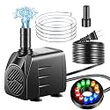 Submersible Pump, Small Fountain Pump with Tubing, Submersible Water Pump for Aquarium Fish Tank Indoor or Outdoor Pond Fountain Hydroponics Statuary (10W 160GPH, With Led Light)
