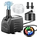 Submersible Pump, Small Fountain Pump with Tubing, Submersible Water Pump for Aquarium Fish Tank Indoor or Outdoor Pond Fountain Hydroponics Statuary (25W 400GPH, With Led Light)