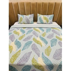 premium cotton feel quilted bedcover for king size bed with 2 pillow covers - decorative bed coverquilted bedspread bedsheet aqua leaves