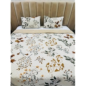 premium cotton feel quilted bedcover for double bed king size with 2 quilted pillow covers - decorative bed coverquilted bedspread bedsheet off-white jungle