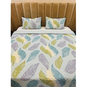 premium cotton feel quilted bedcover for king size bed with 2 pillow covers - decorative bed coverquilted bedspread bedsheet aqua leaves