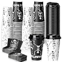 Suclain 50 Sets Halloween Disposable Coffee Cups with Lids & Sleeves, 16 oz Funny Skull Pattern Paper Cups for Hot Cold Drinks Trick or Treat Party Supplies