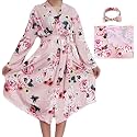 SUFEINI Maternity Robe and Matching Baby Swaddle Blanket Set, Mommy Robe with Receiving Blanket Girls Boys Sleepwear