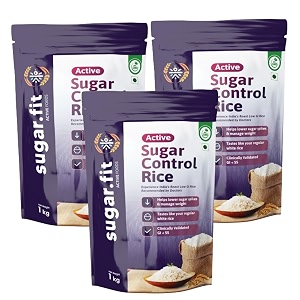 sugarfit active sugar control rice 1kg - pack of 3 sona masoori rice full grain raw rice clinically certified low gi rice for diabetic 100  natural pesticide free supports healthy blood sugar levels