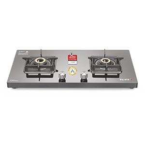 sujata premium gas stove auto ignition  9 years warranty  gas stove 2 burners glass top sabaf isi certified lpg amp png compatible 360 rotating brass gas nozzle jumbo brass burner black