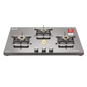 sujata premium gas stove auto ignition  9 years warranty  gas stove 3 burners glass top sabaf isi certified lpg amp png compatible 360 rotating brass gas nozzle jumbo brass burner black