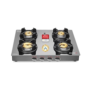 sujata deluxe auto ignition gas stove  9 years warranty  4 burner stove gas stove 4 burners glass top sabaf isi certified lpg amp png compatible jumbo brass burner black colour