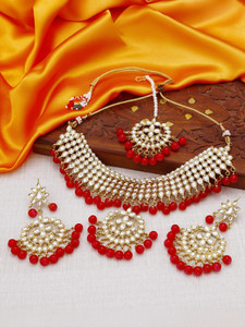 sukkhi alloy gold-plated red jewellery set