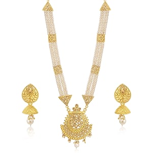 sukkhi luxurious lct gold plated wedding jewellery pearl long haram necklace set for women n83780