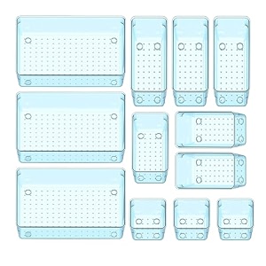 sulfar 12pcs bathroom drawer tray dividers plastic vanity organizers storage bins for makeup dresser tray 3s3m3l3xl blue