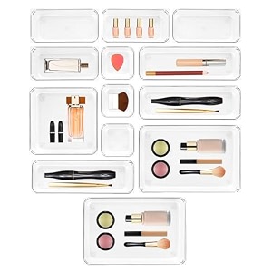sulfar 13pcs bathroom drawer tray dividers plastic vanity organizers storage bins for makeup dresser tray 3s4m3l1b2xl transparent