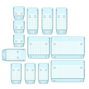 sulfar 13pcs bathroom drawer tray dividers plastic vanity organizers storage bins for makeup dresser tray 3s4m3l1b2xl blue