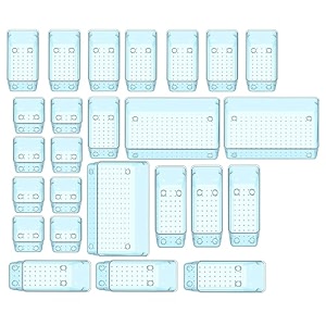 sulfar 25pcs bathroom drawer tray dividers plastic vanity organizers storage bins for makeup dresser tray 8s8m6l3xl blue