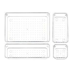 sulfar 4pcs bathroom drawer tray dividers plastic vanity organizers storage bins for makeup dresser tray 1s1m1l1xl transparent