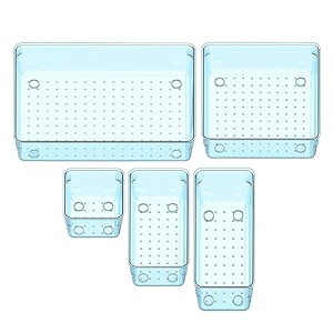 sulfar 5pcs bathroom drawer tray dividers plastic vanity organizers storage bins for makeup dresser tray 1s1m1b1l1xl blue