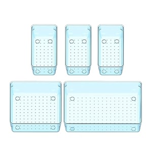 sulfar 5pcs desk drawer organizers trays set clear plastic storage bins bathroom drawer tray dividers vanity trays organizer for bedroom dresser makeup kitchen utensil office 3m1b1xl blue