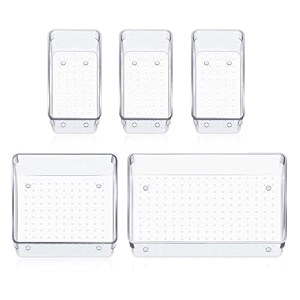 sulfar 5pcs desk drawer organizers trays set clear plastic storage bins bathroom drawer tray dividers vanity trays organizer for bedroom dresser makeup kitchen utensil office 3m1b1xl transparent
