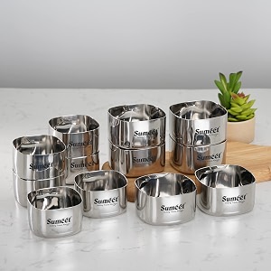 sumeet heavy gauge stainless steel square bowlwatikatori with mirror finish  7cm amp 8cm dia set of 12pc 200ml amp 250ml each silver