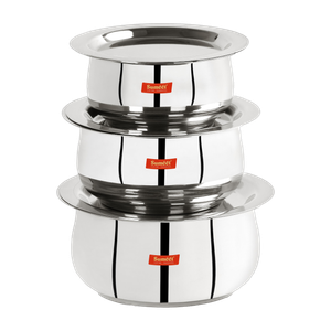 sumeet stainless steel belly shape 3 pc tope  cookware pot set with lid 380ml 500ml 780ml silver topebhagonapatila set with lid 038 l 05 l 078 l capacity 121 cm 136 cm 15 cm diameter stainless steel induction bottom