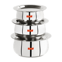 Sumeet Stainless Steel Belly Shape 3 Pc Tope / Cookware/ Pot Set with Lid 380ML, 500ML, 780ML, (Silver) Tope/Bhagona/Patila Set with Lid 0.38 L, 0.5 L, 0.78 L capacity 12.1 cm, 13.6 cm, 15 cm diameter (Stainless Steel, Induct