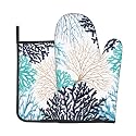 Summer Coastal Oven Mitts and Pot Holders Sets Ocean Coral Oven Mitts Heat Resistant Marine Plants Kitchen Gloves Hot Pads Two Piece Set for Cooking Baking Grilling BBQ
