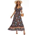 Summer Floral Smocked Maxi Dress for Women 2026 Casual Flowy Tiered A Line Boho Beach Party Long Dresses with Short Sleeve