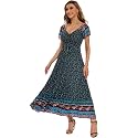 Summer Floral Smocked Maxi Dress for Women 2026 Casual Flowy Tiered A Line Boho Beach Party Long Dresses with Short Sleeve