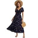 Summer Floral Smocked Maxi Dress for Women 2026 Casual Flowy Tiered A Line Boho Beach Party Long Dresses with Short Sleeve