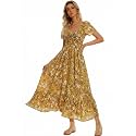 Summer Floral Smocked Maxi Dress for Women 2026 Casual Flowy Tiered A Line Boho Beach Party Long Dresses with Short Sleeve