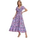 Summer Floral Smocked Maxi Dress for Women 2026 Casual Flowy Tiered A Line Boho Beach Party Long Dresses with Short Sleeve