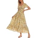 Summer Floral Smocked Maxi Dress for Women 2026 Casual Flowy Tiered A Line Boho Beach Party Long Dresses with Short Sleeve