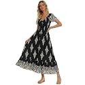 Summer Floral Smocked Maxi Dress for Women 2026 Casual Flowy Tiered A Line Boho Beach Party Long Dresses with Short Sleeve