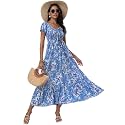Summer Floral Smocked Maxi Dress for Women 2026 Casual Flowy Tiered A Line Boho Beach Party Long Dresses with Short Sleeve