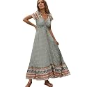 Summer Floral Smocked Maxi Dress for Women 2026 Casual Flowy Tiered A Line Boho Beach Party Long Dresses with Short Sleeve
