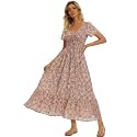 Summer Floral Smocked Maxi Dress for Women 2026 Casual Flowy Tiered A Line Boho Beach Party Long Dresses with Short Sleeve