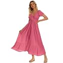 Summer Floral Smocked Maxi Dress for Women 2026 Casual Flowy Tiered A Line Boho Beach Party Long Dresses with Short Sleeve