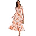 Summer Floral Smocked Maxi Dress for Women 2026 Casual Flowy Tiered A Line Boho Beach Party Long Dresses with Short Sleeve