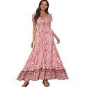 Summer Floral Smocked Maxi Dress for Women 2026 Casual Flowy Tiered A Line Boho Beach Party Long Dresses with Short Sleeve