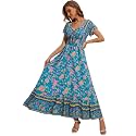 Summer Floral Smocked Maxi Dress for Women 2026 Casual Flowy Tiered A Line Boho Beach Party Long Dresses with Short Sleeve