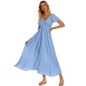 Summer Floral Smocked Maxi Dress for Women 2026 Casual Flowy Tiered A Line Boho Beach Party Long Dresses with Short Sleeve