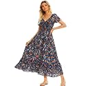 Summer Floral Smocked Maxi Dress for Women 2026 Casual Flowy Tiered A Line Boho Beach Party Long Dresses with Short Sleeve
