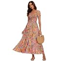 Summer Floral Smocked Maxi Dress for Women 2026 Casual Flowy Tiered A Line Boho Beach Party Long Dresses with Short Sleeve