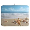 Summer Ocean Beach Blue Dish Drying Mat Sea Shell Starfish Large Kitchen Mat Dish Drying Pad Absorbent Dish Dryer Mat for Kitchen Countertops Microfiber Drainer Pad Dish Drying Rack Mat (18x24 in)