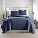 Summer Quilt Queen Size w/ 2 Matching Quilted Pillow Shams, Dark Blue Quilt