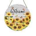 Summer Sunflower Welcome Door Hanger Floral with Butterflies Signs for Front Door Wooden Hanging Door Sign for Outdoor Garden Porch Wall